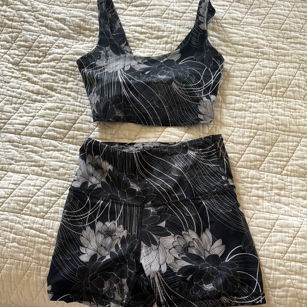 Floral Black and Gray Crop Top and Shorts Set